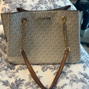 Michael Kors Cream and Brown Tote Bag with Gold Accents